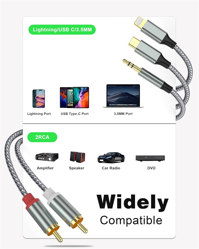 2xRCA na Lightning/USB-C/AUX 1,3m povezovalni kabel